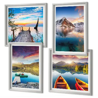 Set van posters met lijst met een landschap van meren, bergen en een boot