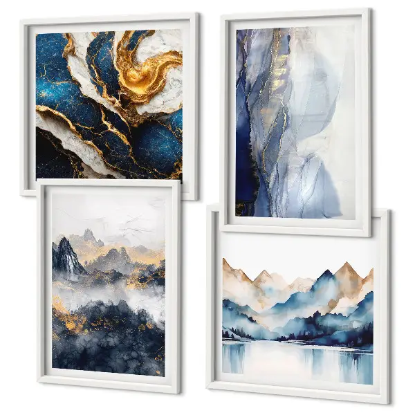 Set van posters met lijst met blauwe berglandschappen