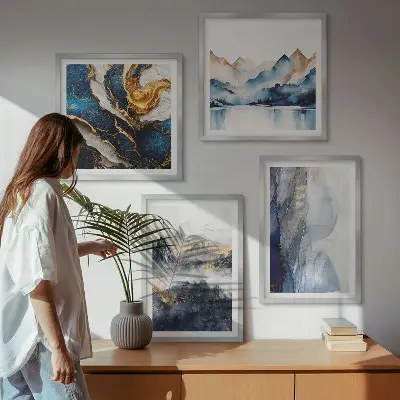 Set van posters met lijst met blauwe berglandschappen