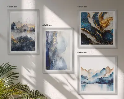Set van posters met lijst met blauwe berglandschappen