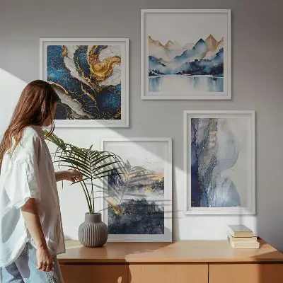 Set van posters met lijst met blauwe berglandschappen