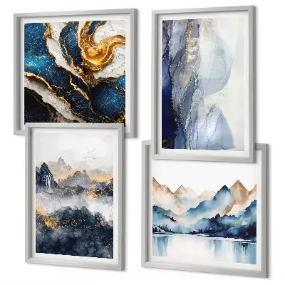 Set van posters met lijst met blauwe berglandschappen