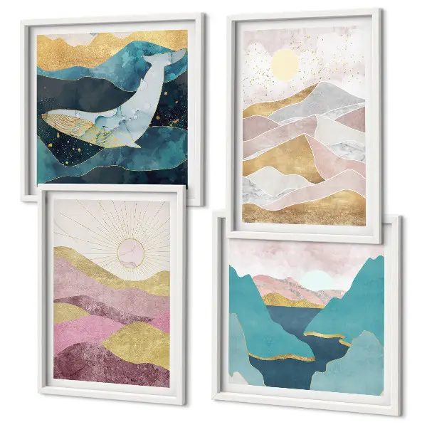 Abstracte bergen met zon set van posters met lijst