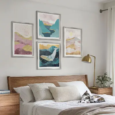 Abstracte bergen met zon set van posters met lijst