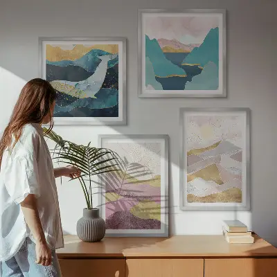 Abstracte bergen met zon set van posters met lijst