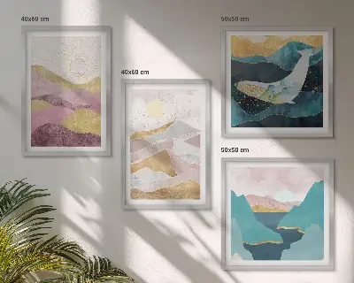 Abstracte bergen met zon set van posters met lijst