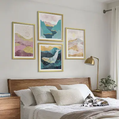 Abstracte bergen met zon set van posters met lijst