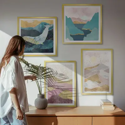 Abstracte bergen met zon set van posters met lijst