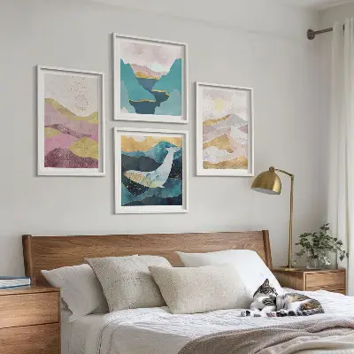 Abstracte bergen met zon set van posters met lijst
