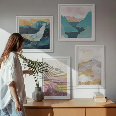 Abstracte bergen met zon set van posters met lijst