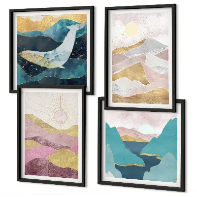 Abstracte bergen met zon set van posters met lijst