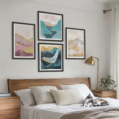 Abstracte bergen met zon set van posters met lijst