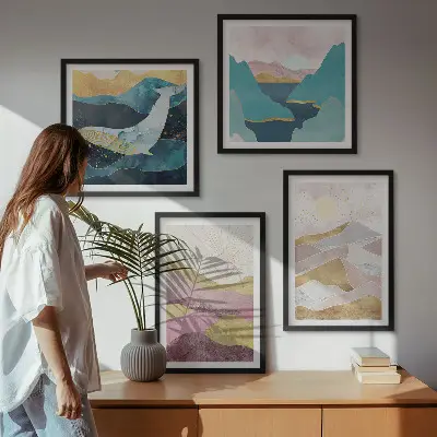 Abstracte bergen met zon set van posters met lijst