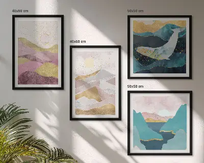 Abstracte bergen met zon set van posters met lijst