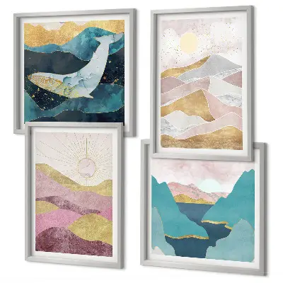 Abstracte bergen met zon set van posters met lijst