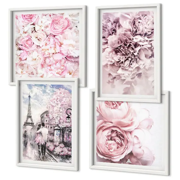 Set posters met lijst met roze bloemen in een romantisch landschap