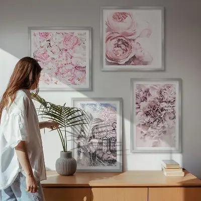 Set posters met lijst met roze bloemen in een romantisch landschap