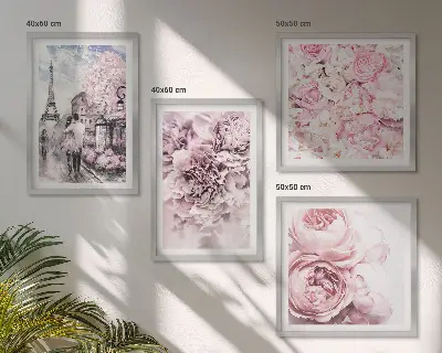 Set posters met lijst met roze bloemen in een romantisch landschap