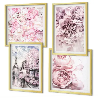 Set posters met lijst met roze bloemen in een romantisch landschap