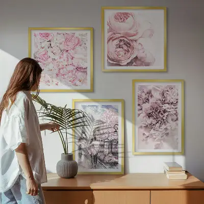 Set posters met lijst met roze bloemen in een romantisch landschap