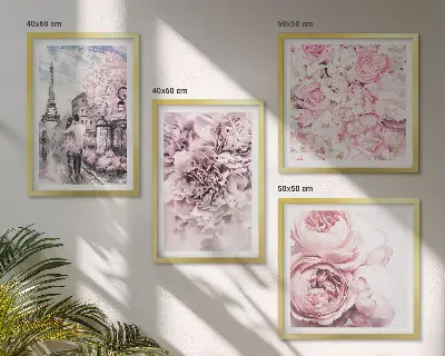 Set posters met lijst met roze bloemen in een romantisch landschap