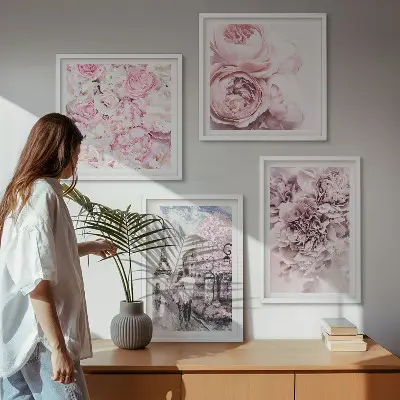 Set posters met lijst met roze bloemen in een romantisch landschap