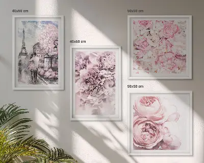 Set posters met lijst met roze bloemen in een romantisch landschap