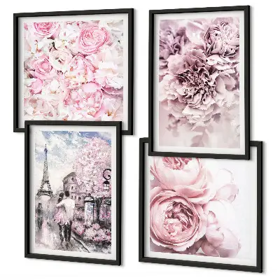 Set posters met lijst met roze bloemen in een romantisch landschap