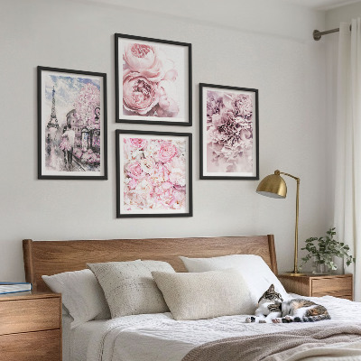 Set van posters met lijst Roze bloemen, romantisch landschap