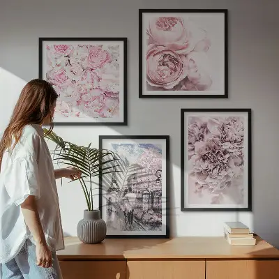Set posters met lijst met roze bloemen in een romantisch landschap