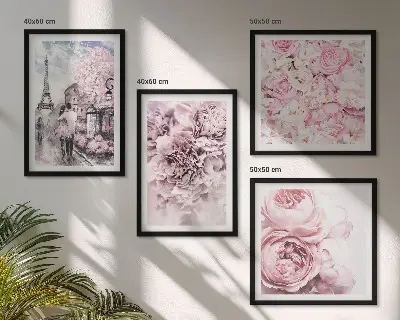 Set posters met lijst met roze bloemen in een romantisch landschap