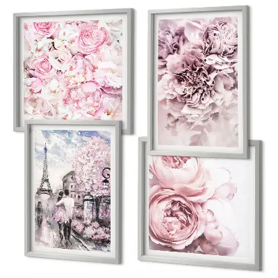 Set posters met lijst met roze bloemen in een romantisch landschap