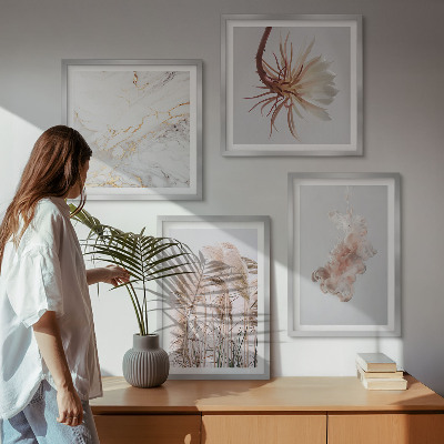 Set van posters met lijst Elegante grasbloemen marmer