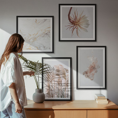 Set van posters met lijst Elegante grasbloemen marmer