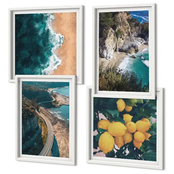 Set van posters met lijst met afbeeldingen van zee, strand, citroenen en bergen
