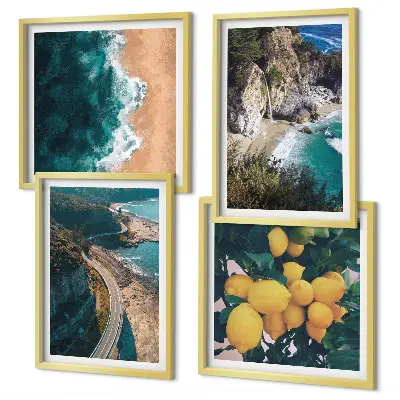 Set van posters met lijst met afbeeldingen van zee, strand, citroenen en bergen