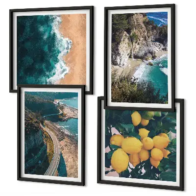 Set van posters met lijst met afbeeldingen van zee, strand, citroenen en bergen