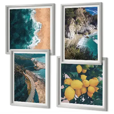 Set van posters met lijst met afbeeldingen van zee, strand, citroenen en bergen