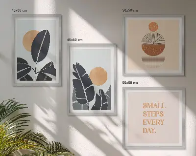 Set posters met lijst plantenpatronen met minimalistische zonnen
