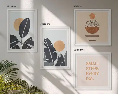 Set posters met lijst plantenpatronen met minimalistische zonnen