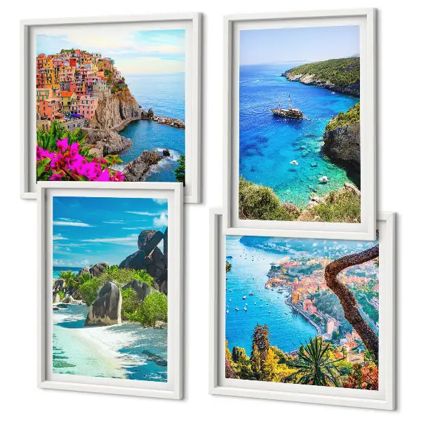 Set van posters met lijst palmbomen aan het blauwe water
