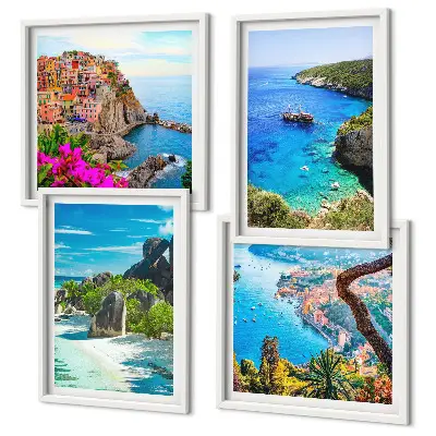 Set van posters met lijst Palmbomen aan zee, blauw water