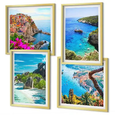 Set van posters met lijst palmbomen aan het blauwe water