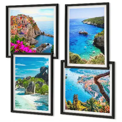 Set van posters met lijst palmbomen aan het blauwe water