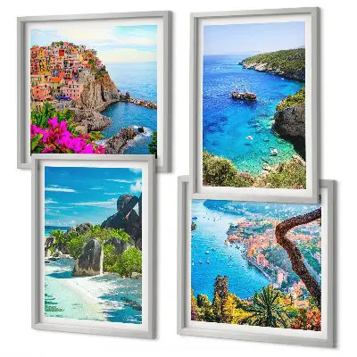 Set van posters met lijst palmbomen aan het blauwe water