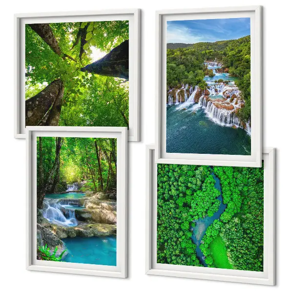 Set posters met lijst Watervallen in een groen bos set van meerdere posters inclusief lijsten met afbeeldingen van watervallen in een groen bos