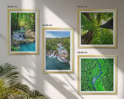 Set posters met lijst Watervallen in een groen bos set van meerdere posters inclusief lijsten met afbeeldingen van watervallen in een groen bos
