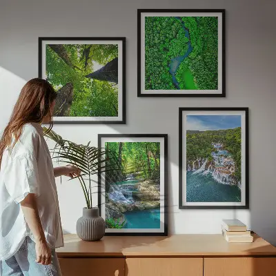 Set posters met lijst Watervallen in een groen bos set van meerdere posters inclusief lijsten met afbeeldingen van watervallen in een groen bos
