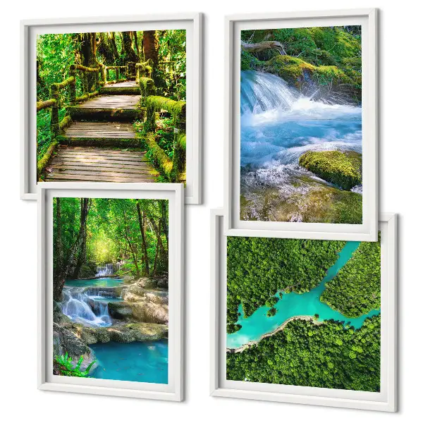Poster set met lijst groene bossen en kristalhelder water