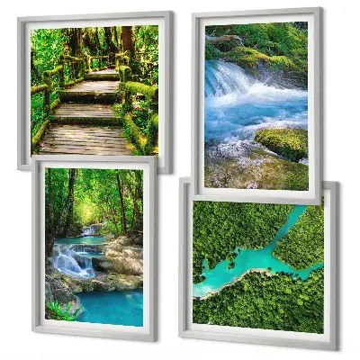 Poster set met lijst groene bossen en kristalhelder water